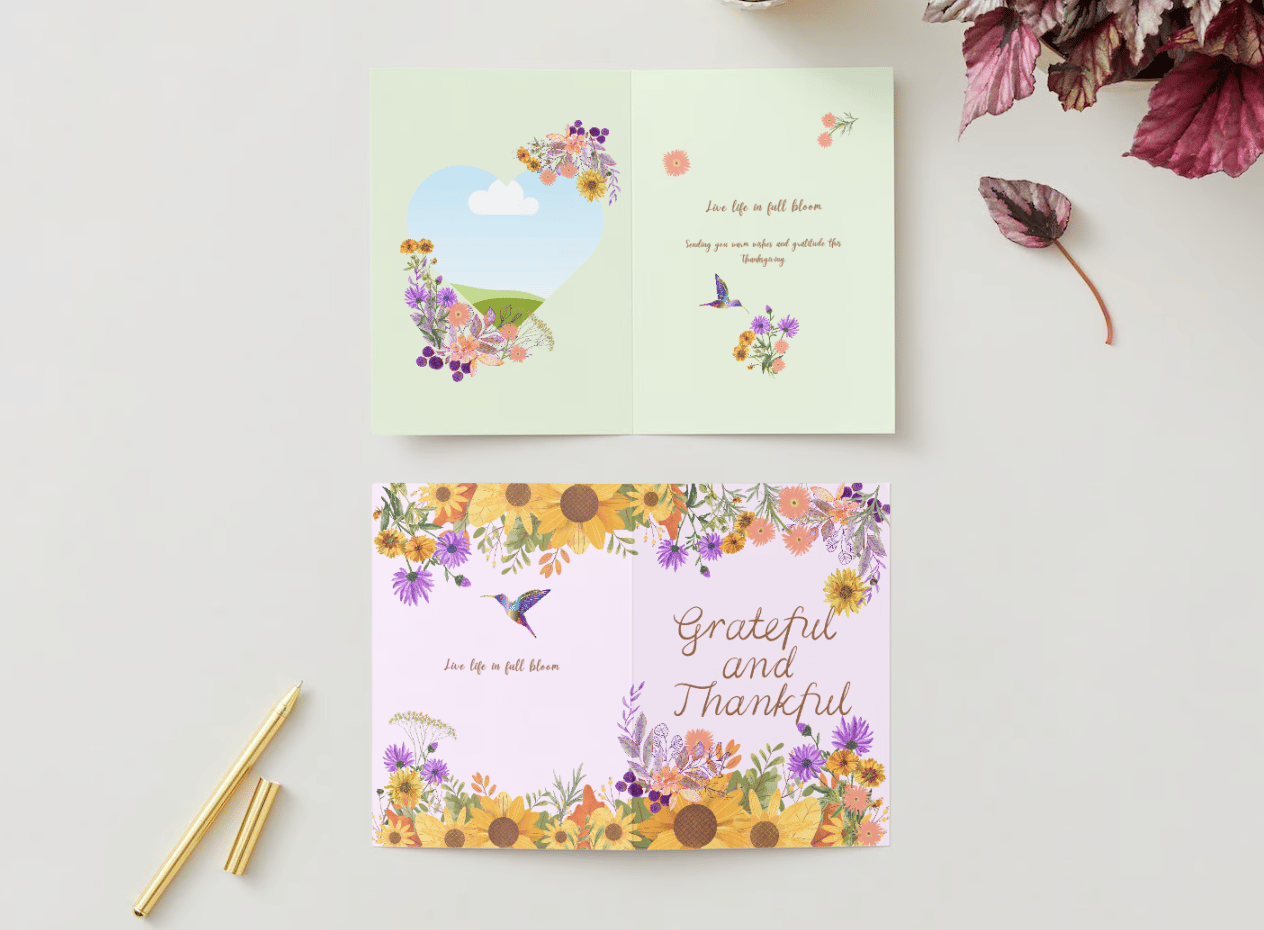 Customizable Vibrant Floral Abundance Folded Card Portrait | Digital Canva Template. Mock card outside and inside view