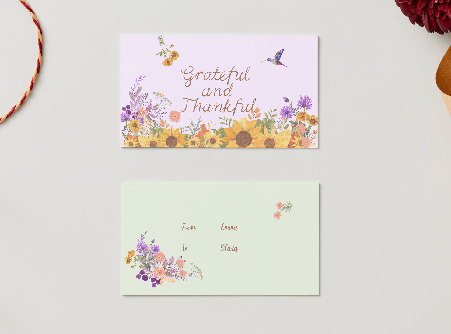 Customizable Vibrant Floral Abundance Gift/Favor Tag| Digital Canva Template. Mock card with front and back view