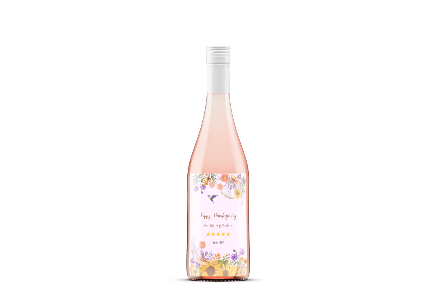 Customizable Vibrant Floral Abundance Sticker Label 4"x6" | Digital Canva Template. Mock sticker on a rose wine bottle