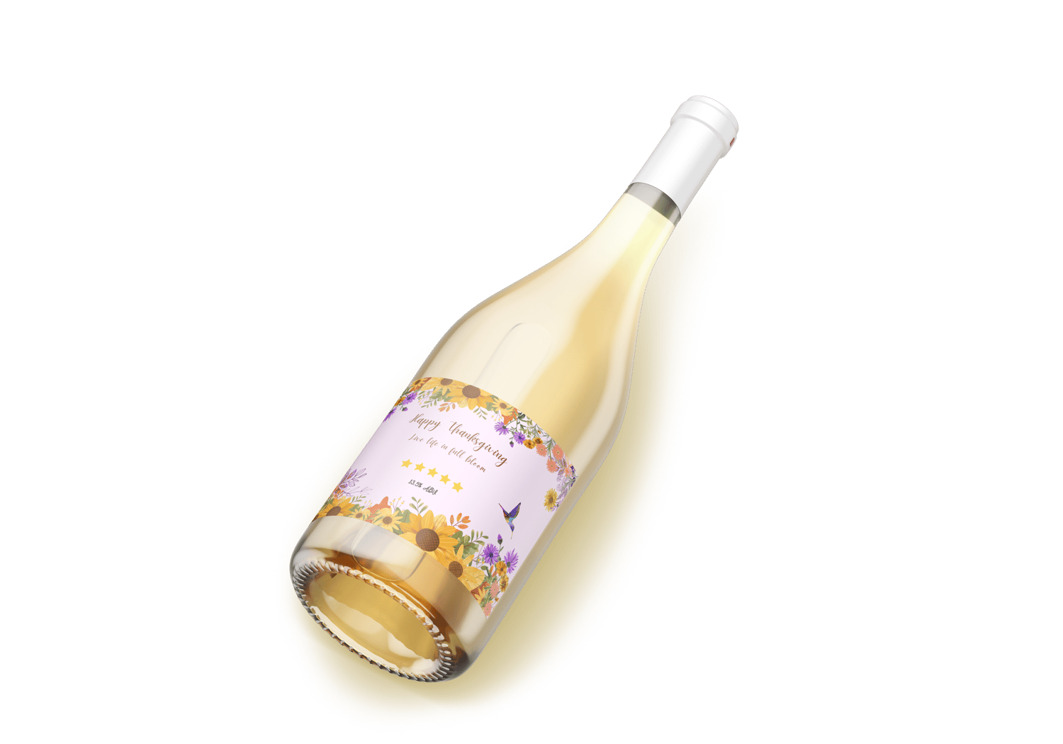 Customizable Vibrant Floral Abundance Sticker Label 6"x4" | Digital Canva Template. Mock sticker on white wine bottle