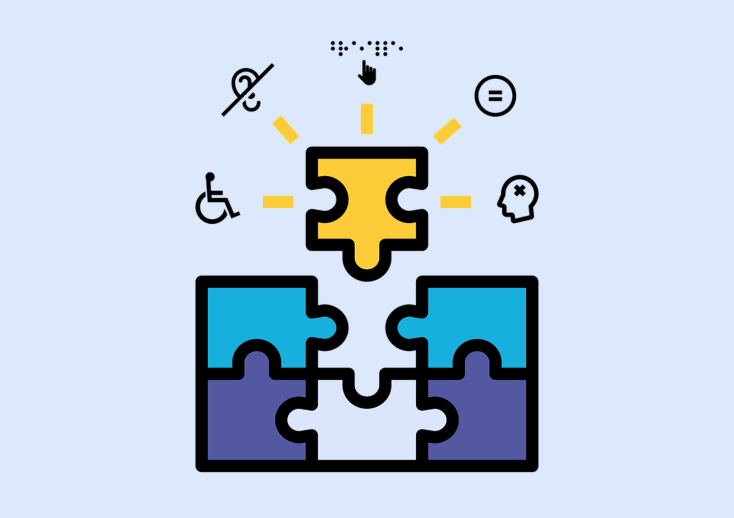 Inclusión, discapacidad visual-auditiva-movilidad-mental, puzzle, pieza que encaja, igualdad