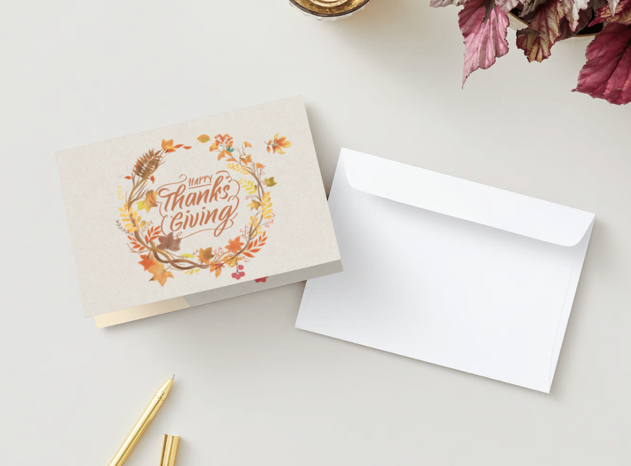 Customizable Earth Tone Autumn Wreath Folded Card Landscape | Digital Canva Template. Mock card outside front view