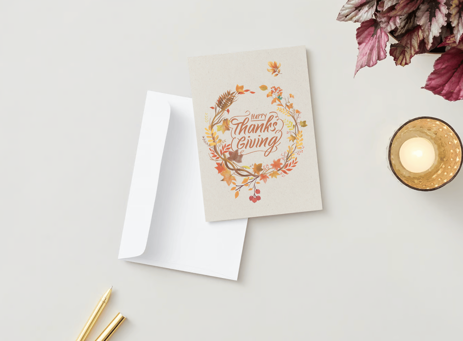 Customizable Earth Tone Autumn Wreath Folded Card Portrait | Digital Canva Template. Mock card outside front view