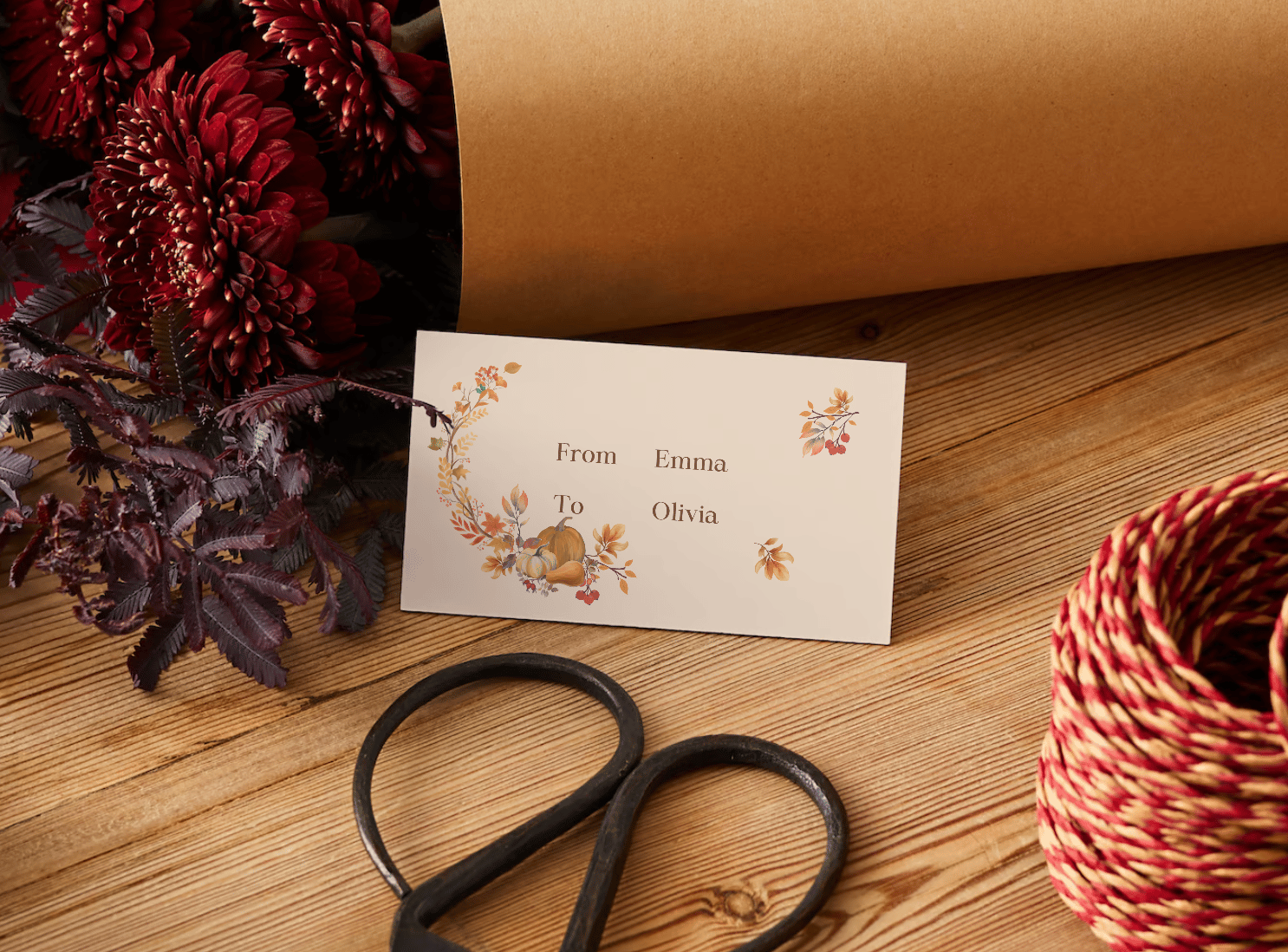 Customizable Earth Tone Autumn Wreath Gift/Favor Tag| Digital Canva Template. Mock card back view