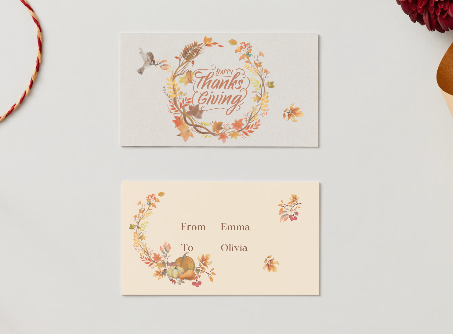 Customizable Earth Tone Autumn Wreath Gift/Favor Tag| Digital Canva Template. Mock card front and back view