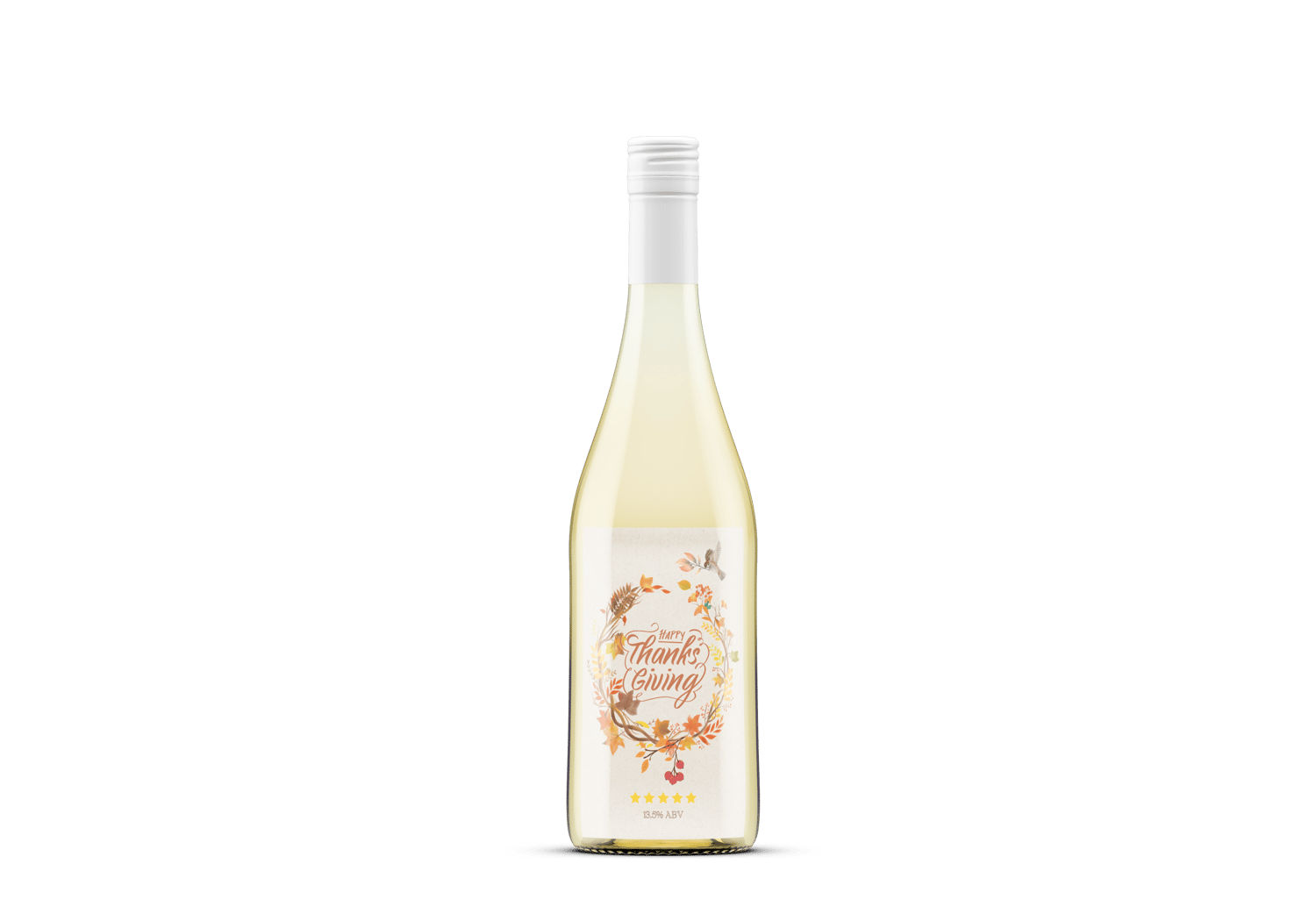 Customizable Earth Tone Autumn Wreath Sticker Label 4"x6" | Digital Canva Template. Mock sticker on white wine bottle