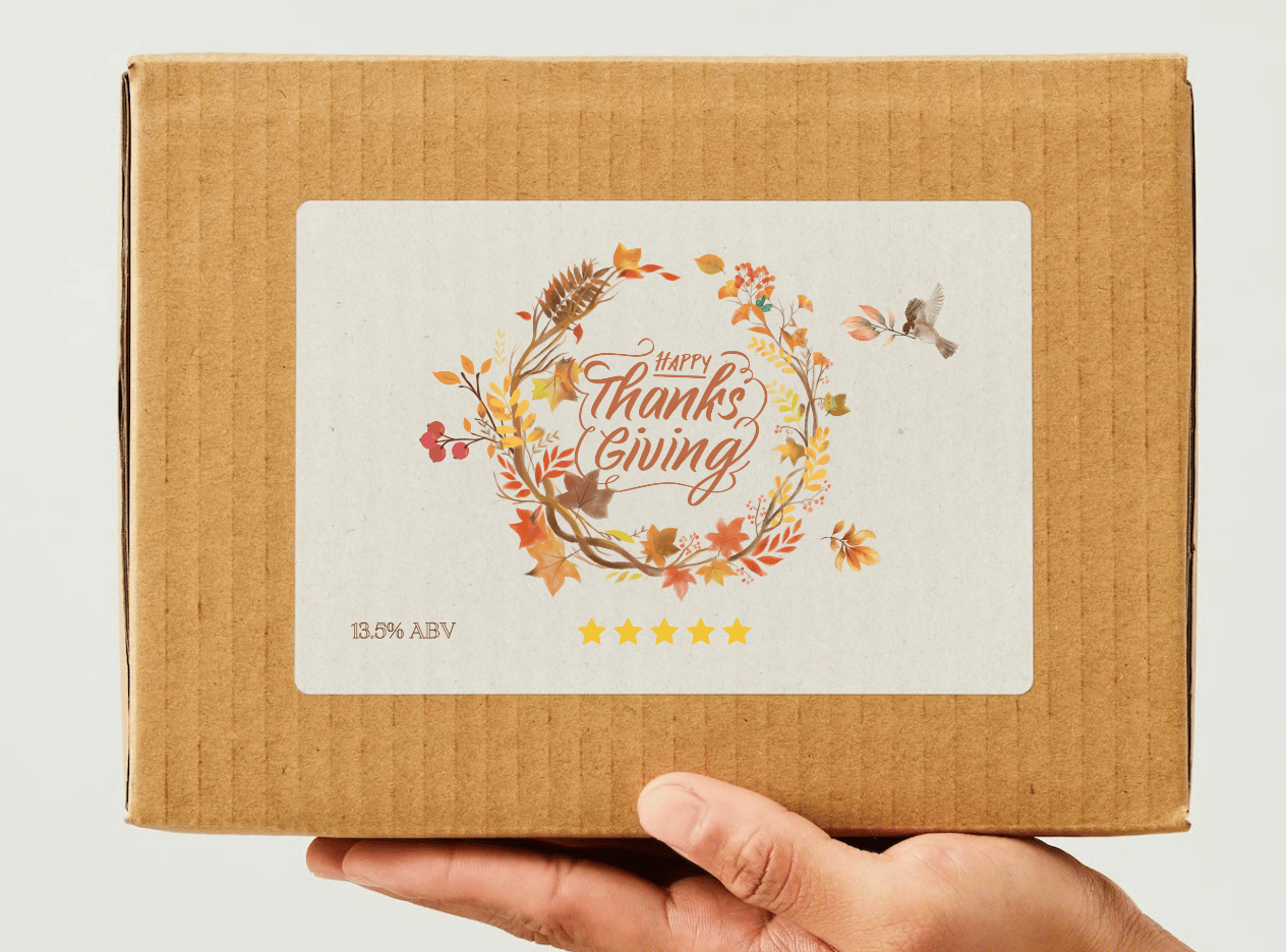 Customizable Earth Tone Autumn Wreath Sticker Label 6"x4" | Digital Canva Template. Mock sticker on box