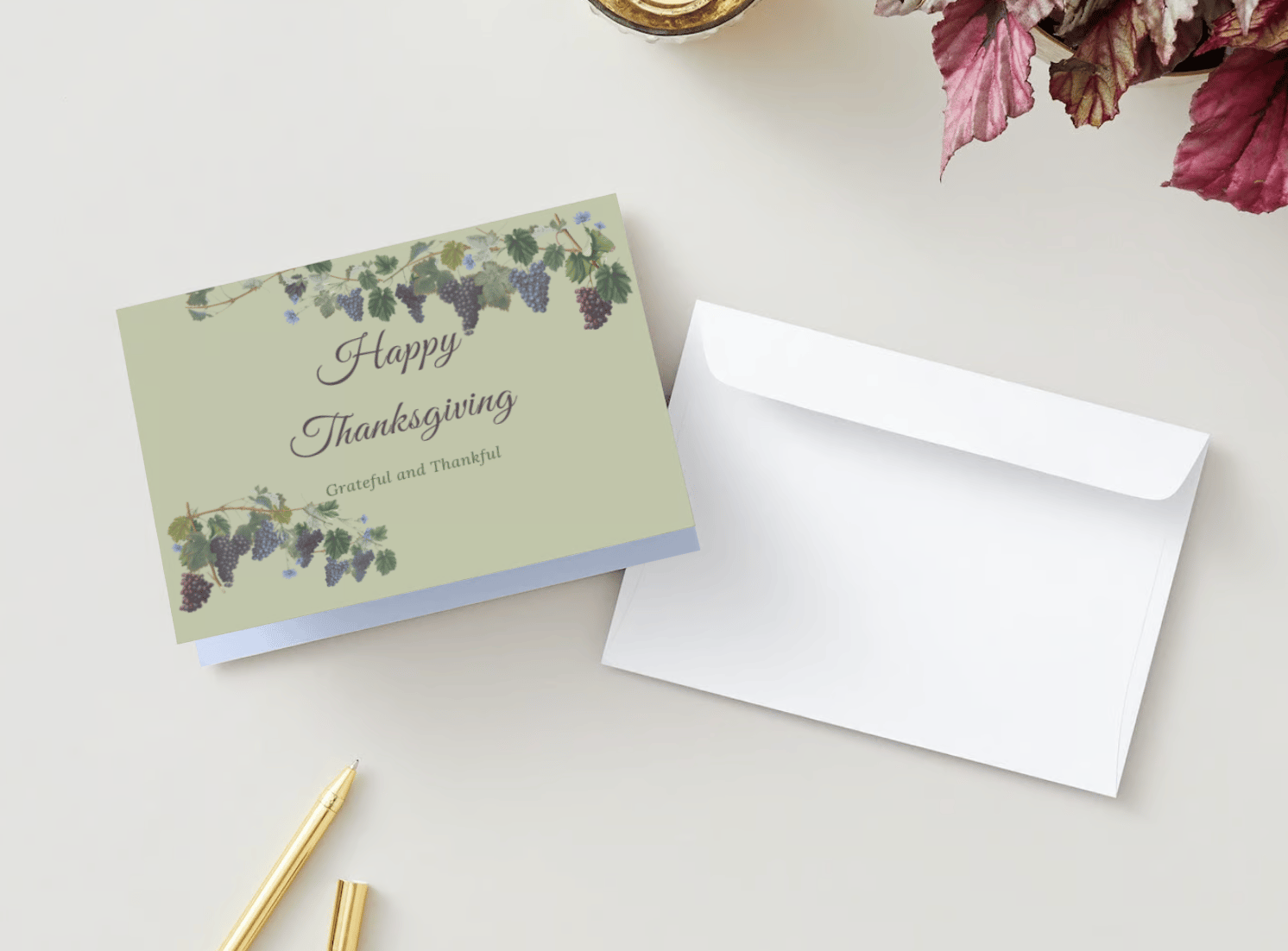 Customizable Elegant Grape Harvest Folded Card Landscape | Digital Canva Template. Mock card outside front with envelope