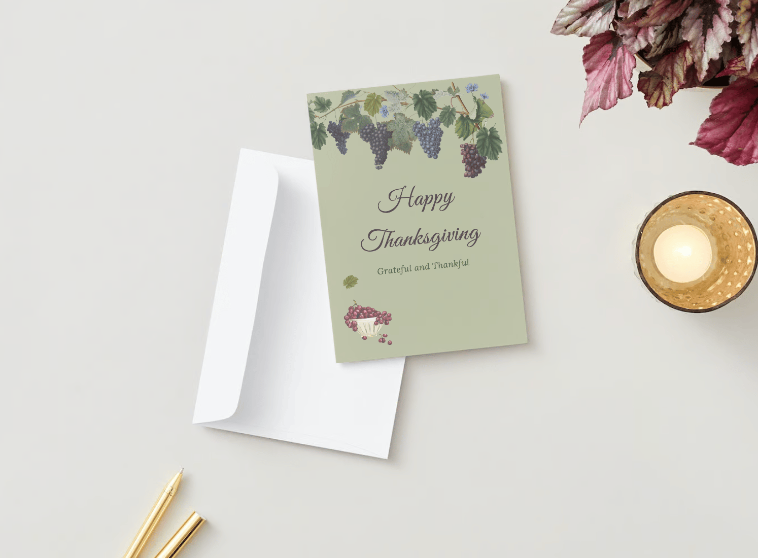 Customizable Elegant Grape Harvest Folded Card Portrait | Digital Canva Template. Mock card outside front view with envelope