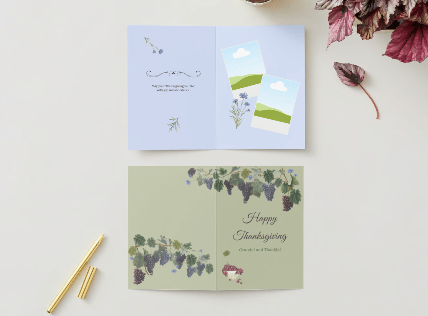 Customizable Elegant Grape Harvest Folded Card Portrait | Digital Canva Template. Mock card inside and outside view