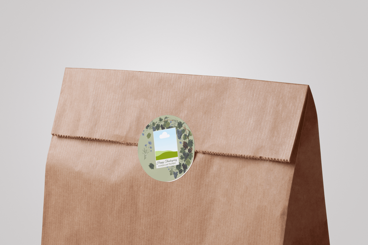 Customizable Elegant Grape Harvest Circle Sticker | Digital Canva Template. Mock sticker on paper bag