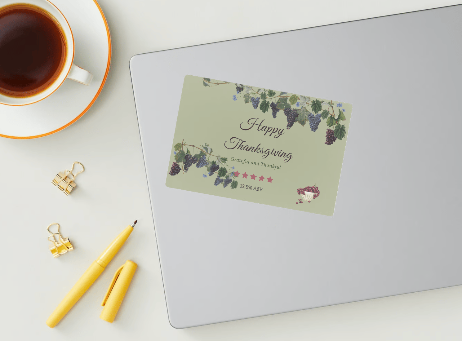 Customizable Elegant Grape Harvest Sticker Label 6"x4" | Digital Canva Template. Mock sticker on laptop