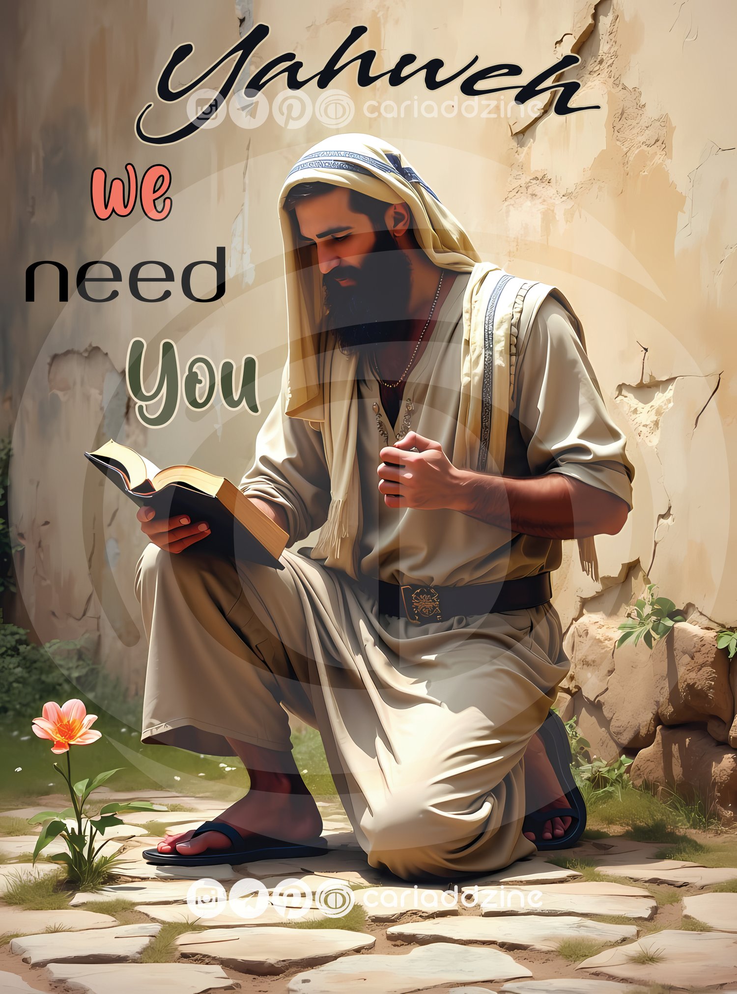 Yahweh, prayer art, spiritual contemplation, Middle Eastern culture, traditional clothing, desert landscape, meditation, faith and guidance, reverent imagery, inspirational artwork