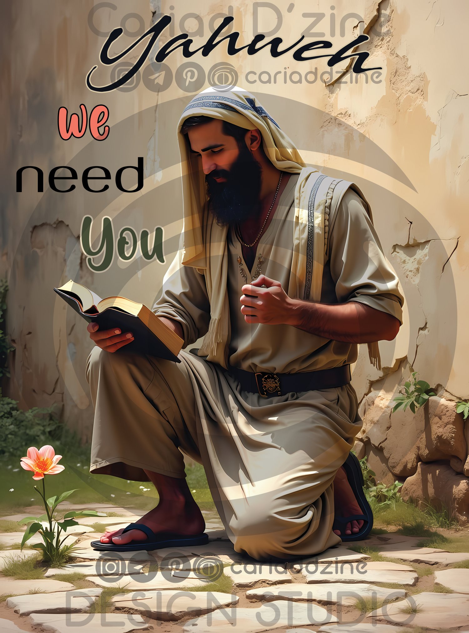 Yahweh, prayer art, spiritual contemplation, Middle Eastern culture, traditional clothing, desert landscape, meditation, faith and guidance, reverent imagery, inspirational artwork