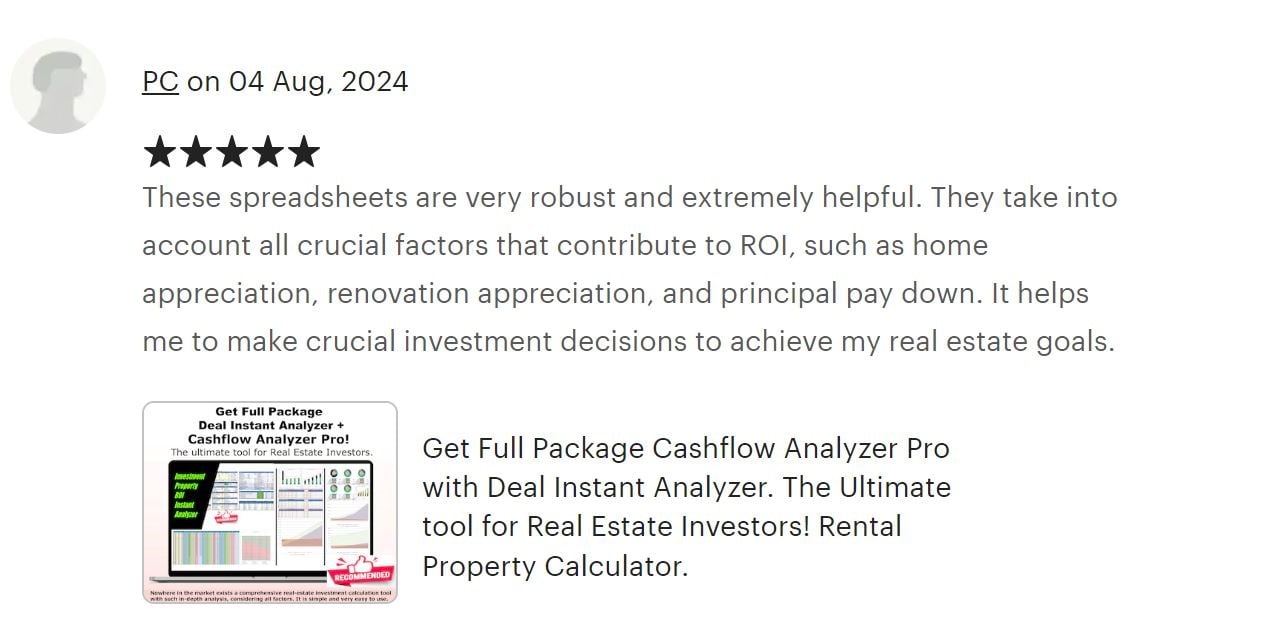 At AssetAFC.com, we provide powerful spreadsheet calculators designed for various investment strategies—whether it's BRRRR, long-term rentals, Airbnb, flips, or multifamily properties. Our user-friendly tools simplify everything from deal analysis to portfolio management, providing everything you need to succeed in real estate. Join us on an exciting journey toward financial success in the world of investing. Cash flow Analyzer Pro, Deal Instant Analyzer