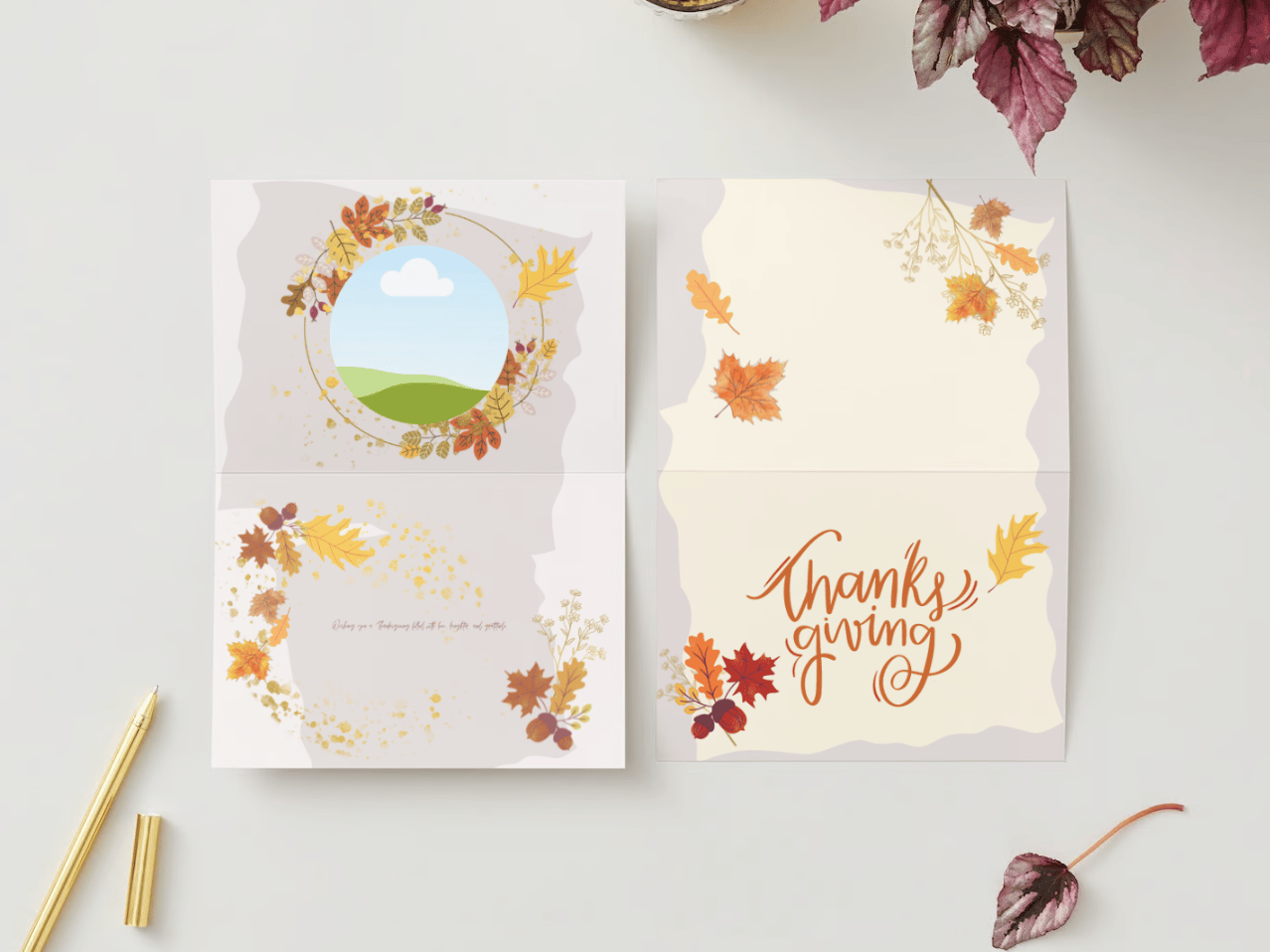 Pastel Fall Design Canva Template Bundle | 6 Customizable Designs | Holiday Season Digital Download. Mock card landscape outside and inside views