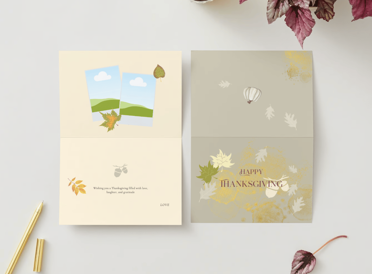 Minimalist Autumn Leaves Canva Template Bundle | 6 Customizable Designs | Holiday Season Digital Download. Mock card landscape outside and inside views