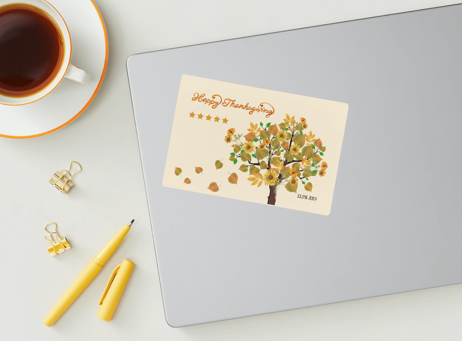 Abundant Vibrant Tree Canva Template Bundle | 6 Customizable Designs | Holiday Season Digital Download. Mock sticker label on laptop