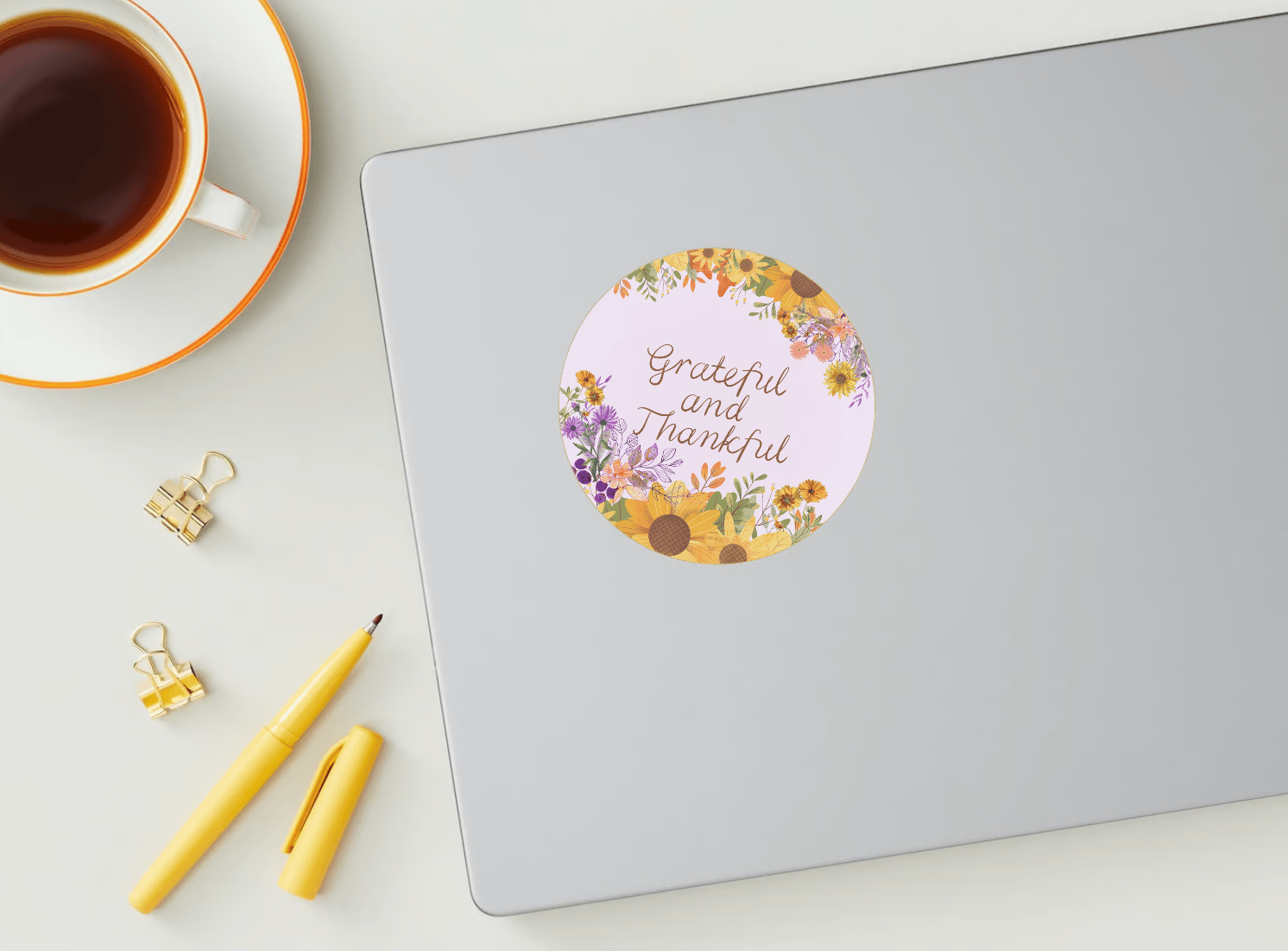 Vibrant Floral Abundance Canva Template Bundle | 6 Customizable Designs | Holiday Season Digital Download. Mock circle sticker on laptop