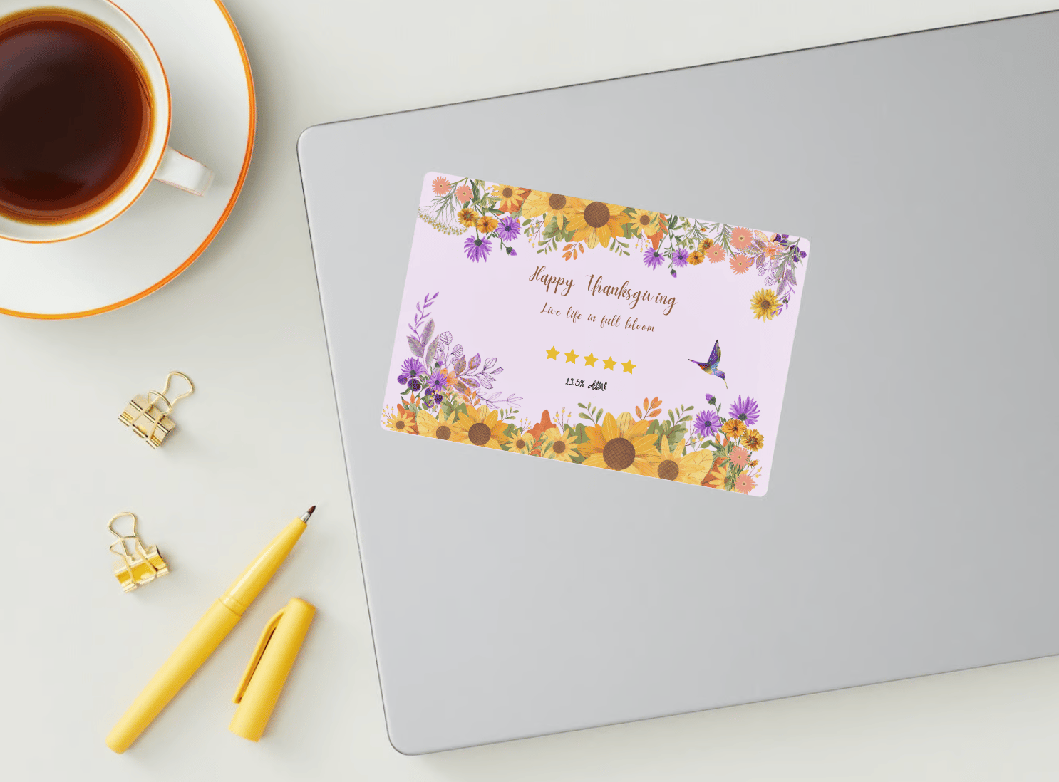 Vibrant Floral Abundance Canva Template Bundle | 6 Customizable Designs | Holiday Season Digital Download Mock sticker label on laptop
