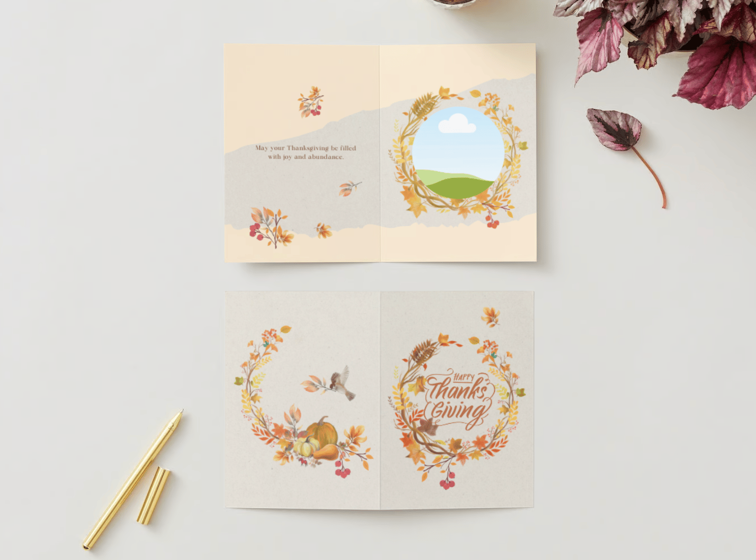 Earth Tone Autumn Wreath Canva Template Bundle | 6 Customizable Designs | Holiday Season Digital Download. Mock card portrait outside and inside views