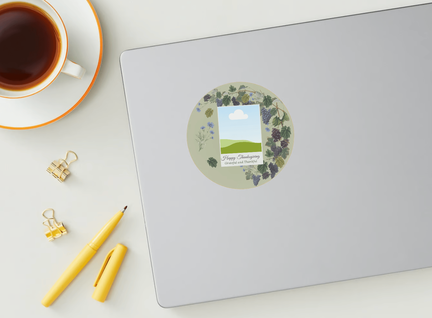 Elegant Grape Harvest Canva Template Bundle | 6 Customizable Designs | Holiday Season Digital Download. Mock circle sticker on laptop
