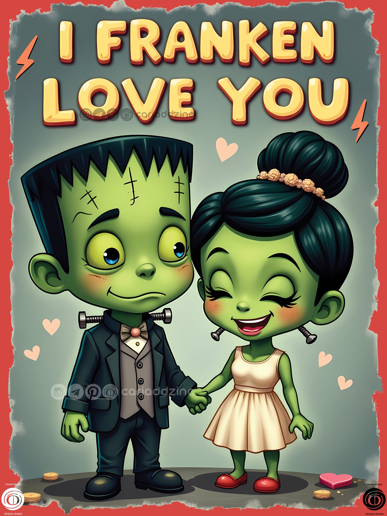 Frankenstein art, cartoon illustration, Halloween love, couples design, Cariad Dzine design