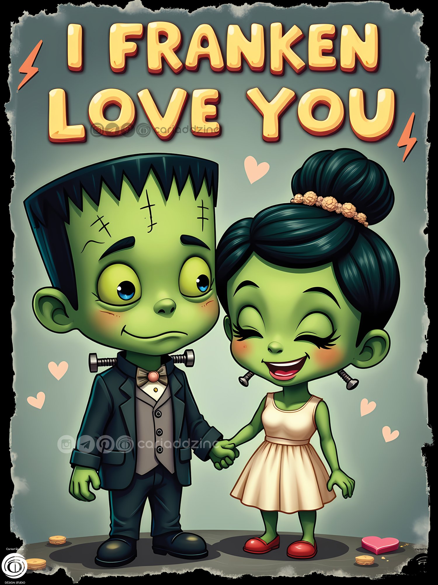 Frankenstein art, cartoon illustration, Halloween love, couples design, Cariad Dzine design