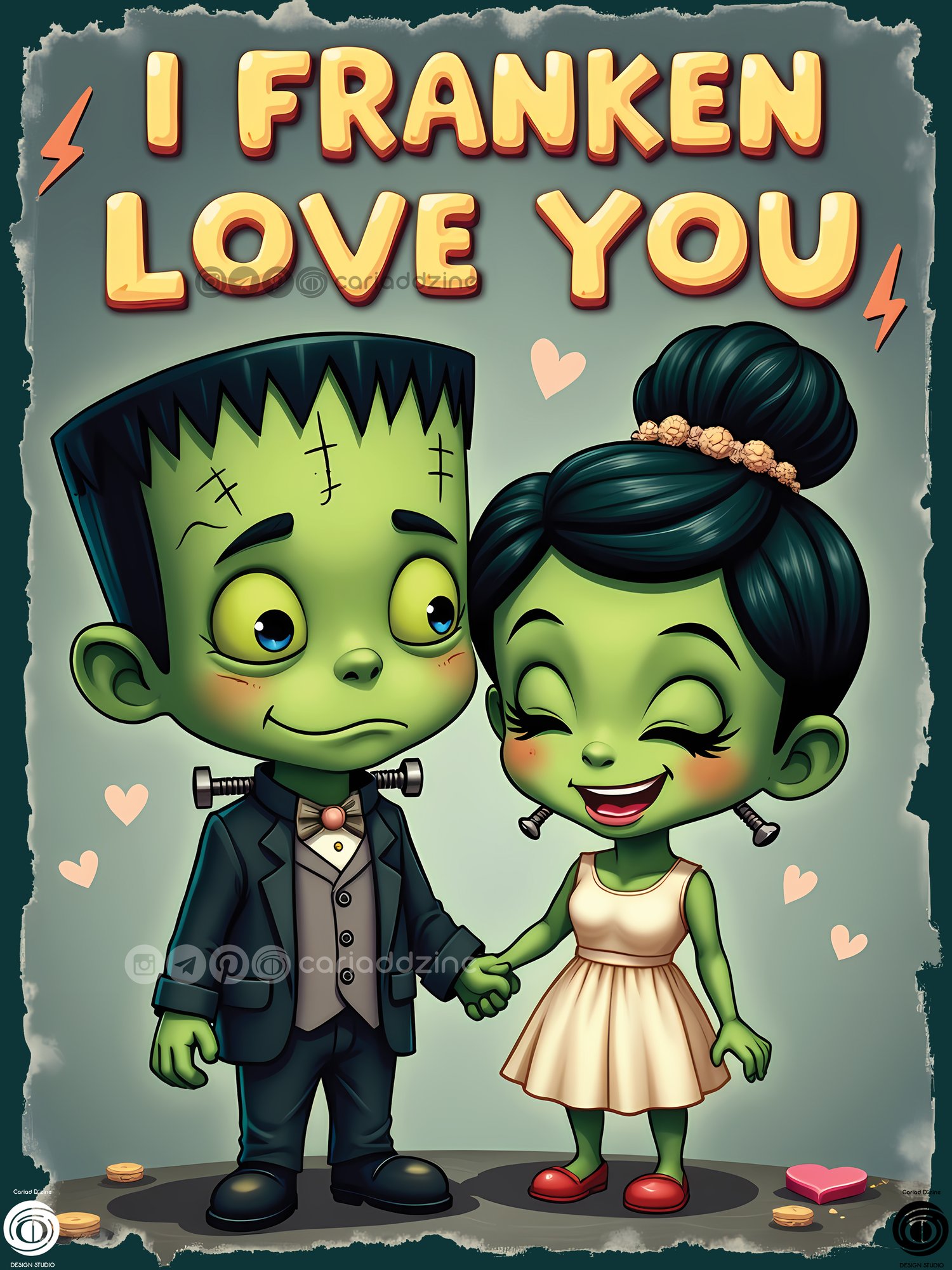 Frankenstein art, cartoon illustration, Halloween love, couples design, Cariad Dzine design