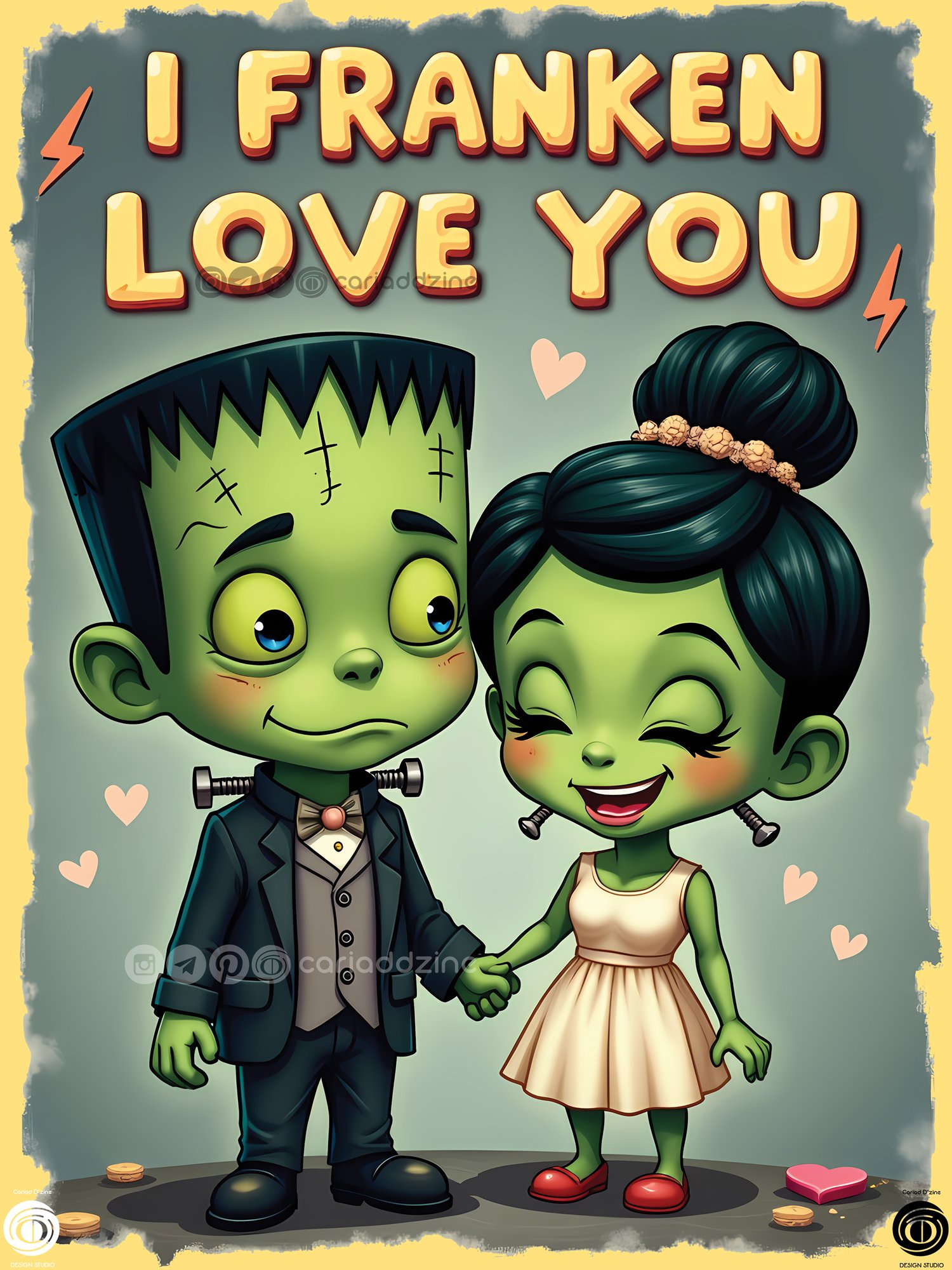 Frankenstein art, cartoon illustration, Halloween love, couples design, Cariad Dzine design