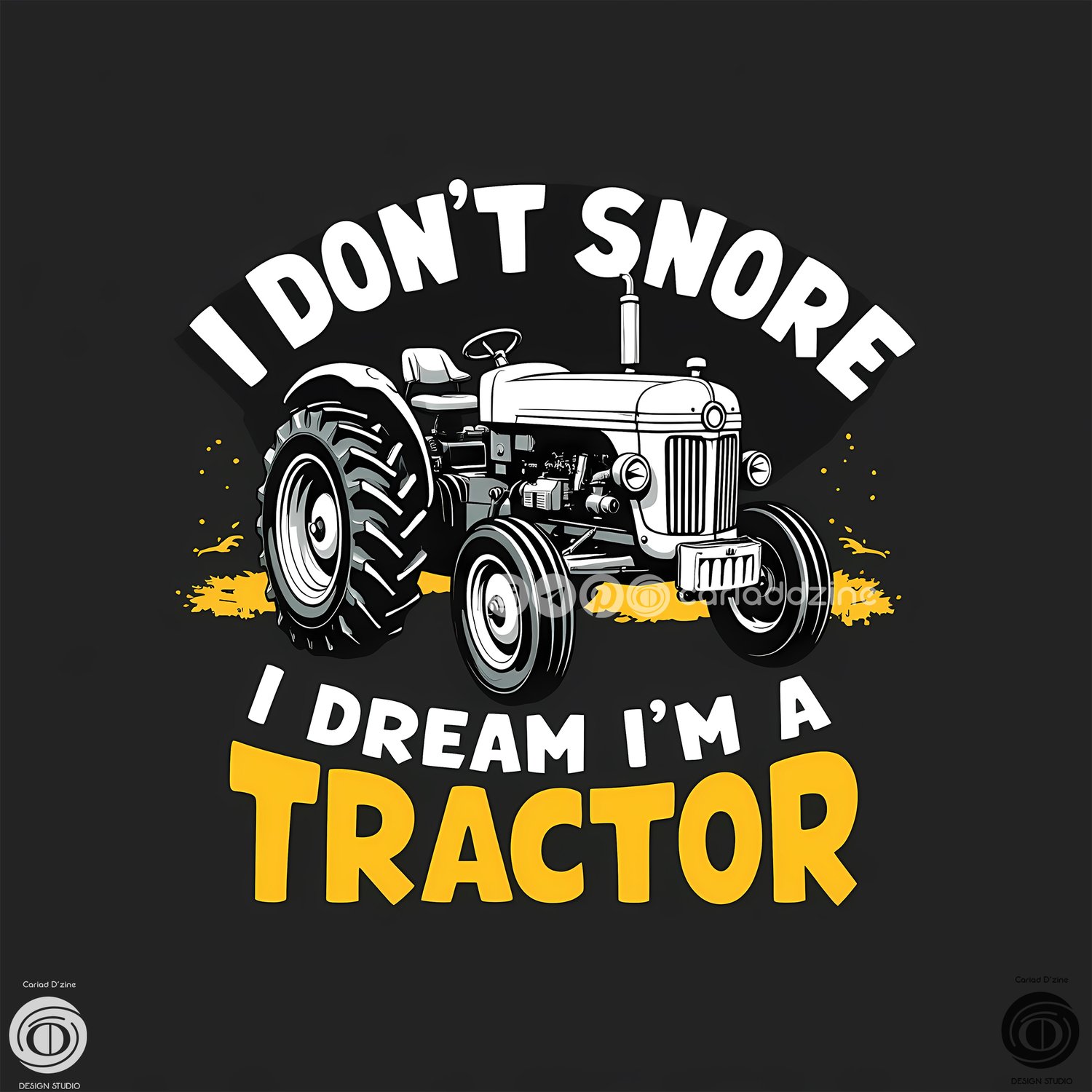 yellow tractor art, humorous tractor design, playful farm artwork, tractor lovers gift, Cariad Dzine design