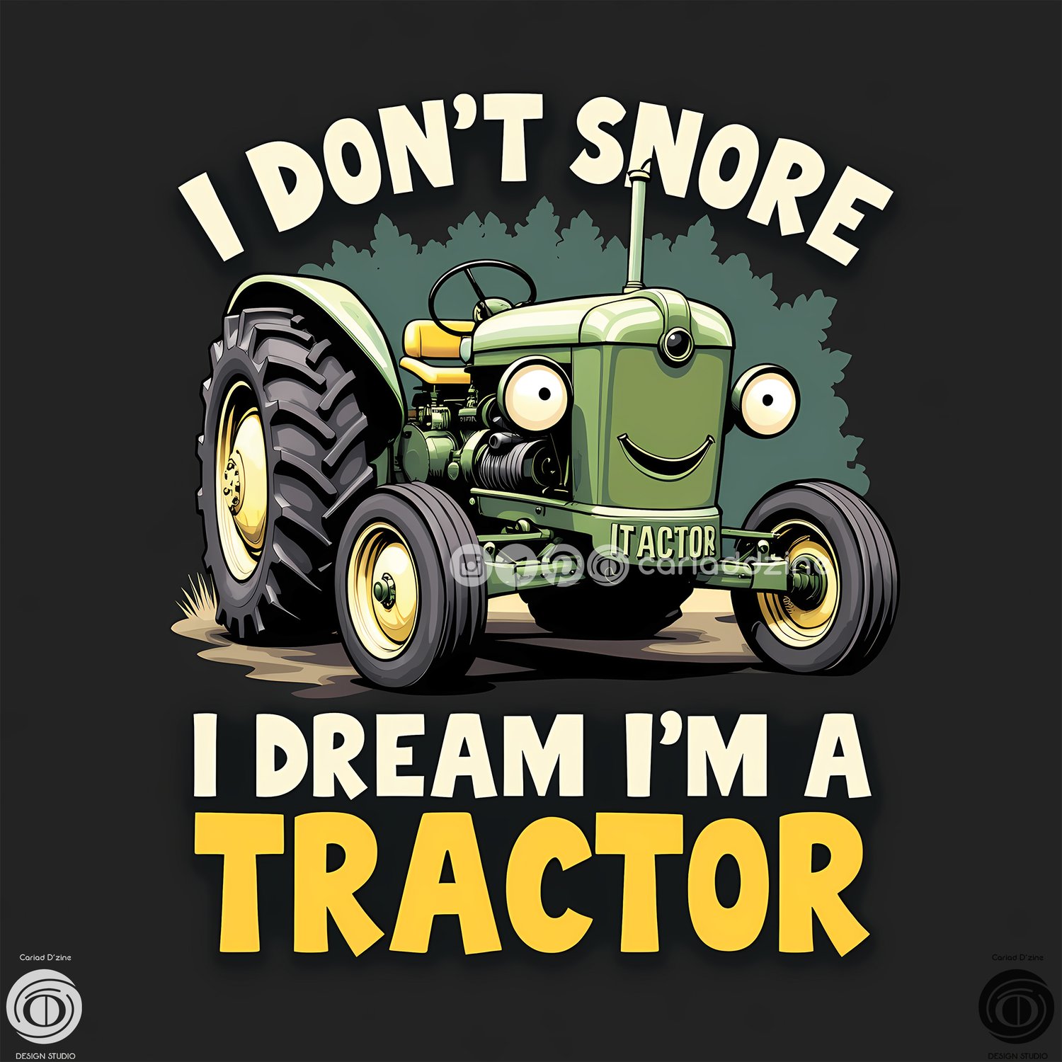 yellow tractor art, humorous tractor design, playful farm artwork, tractor lovers gift, Cariad Dzine design