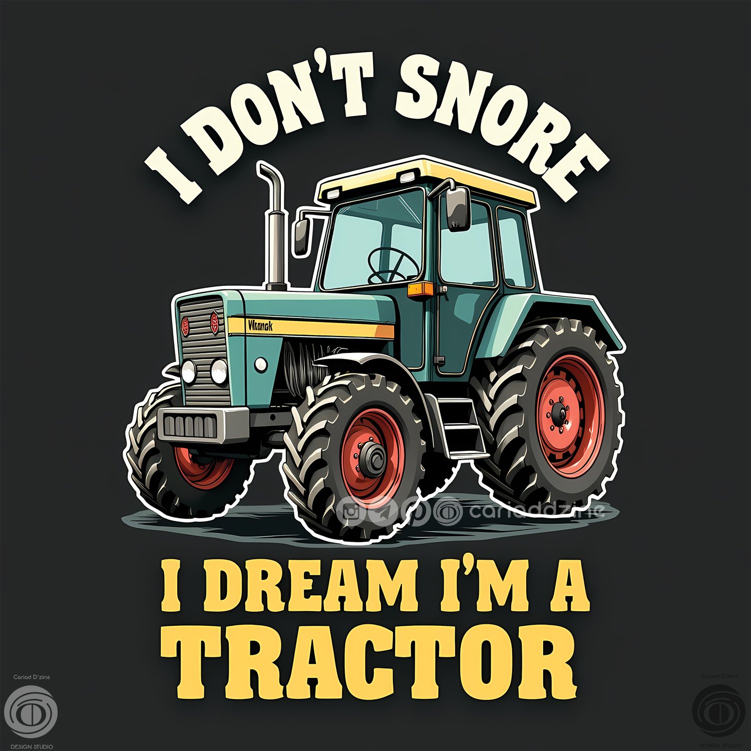 yellow tractor art, humorous tractor design, playful farm artwork, tractor lovers gift, Cariad Dzine design