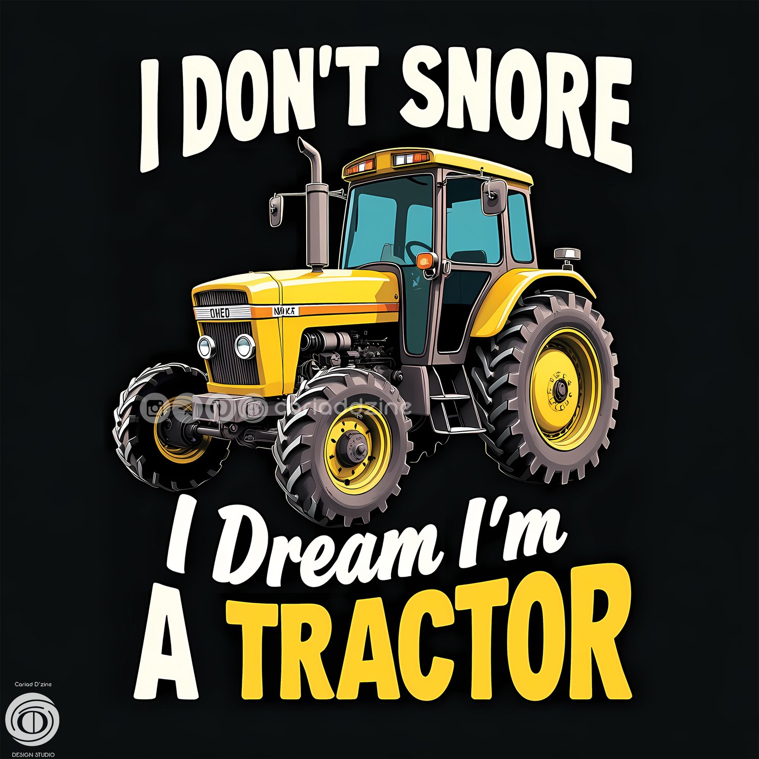 yellow tractor art, humorous tractor design, playful farm artwork, tractor lovers gift, Cariad Dzine design