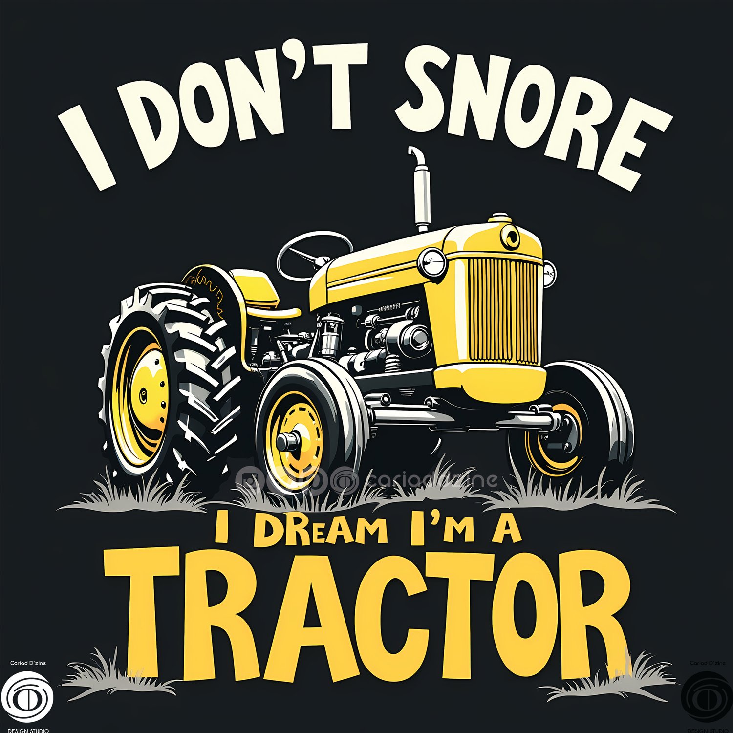 yellow tractor art, humorous tractor design, playful farm artwork, tractor lovers gift, Cariad Dzine design