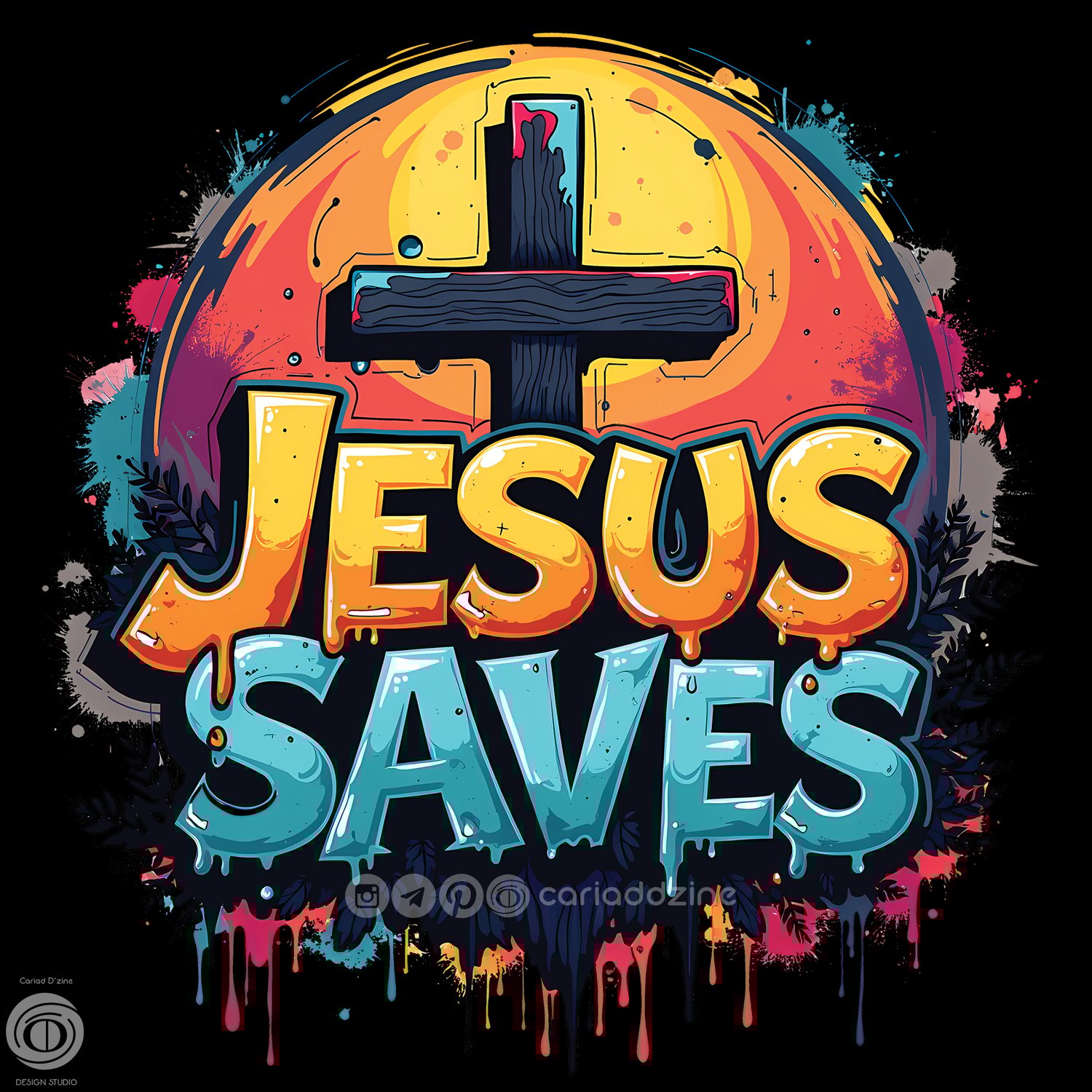 JESUS SAVES, graffiti art, religious art, street art, faith and belief, colorful design, Cariad Dzine design