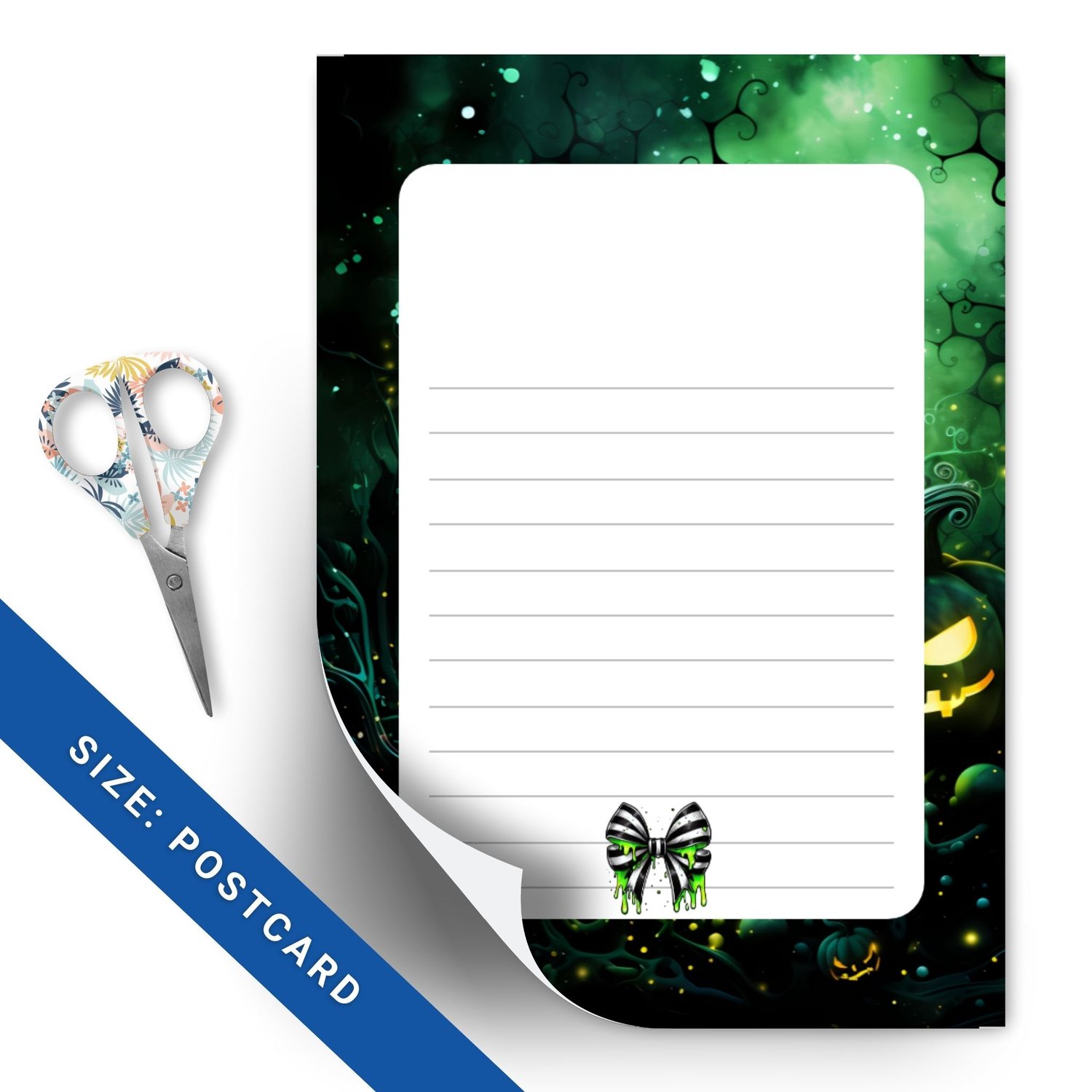 Halloween Postcard | Black & Green Skulls | Instant Download PDF | Spooky Greetings