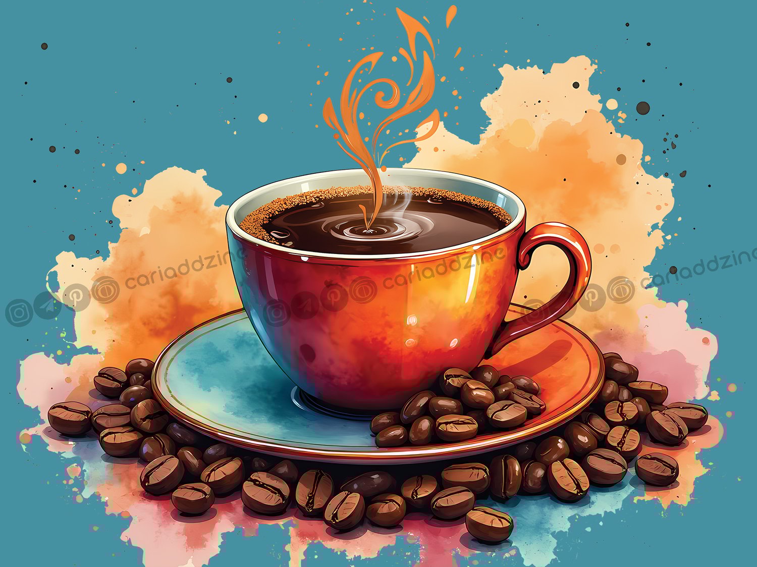 coffee art, coffee cups, colorful illustrations, beverage art, coffee culture, sensory experience, Cariad Dzine design, warm colors, artistic coffee designs