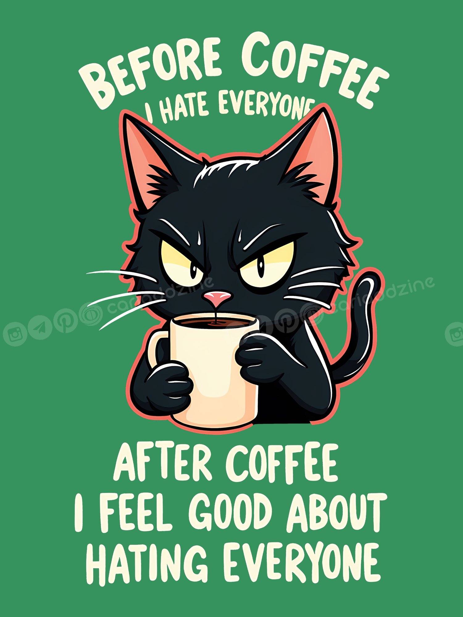 black cat, coffee humor, caffeine designs, sarcastic art, grumpy cat, coffee lovers, Cariad Dzine design