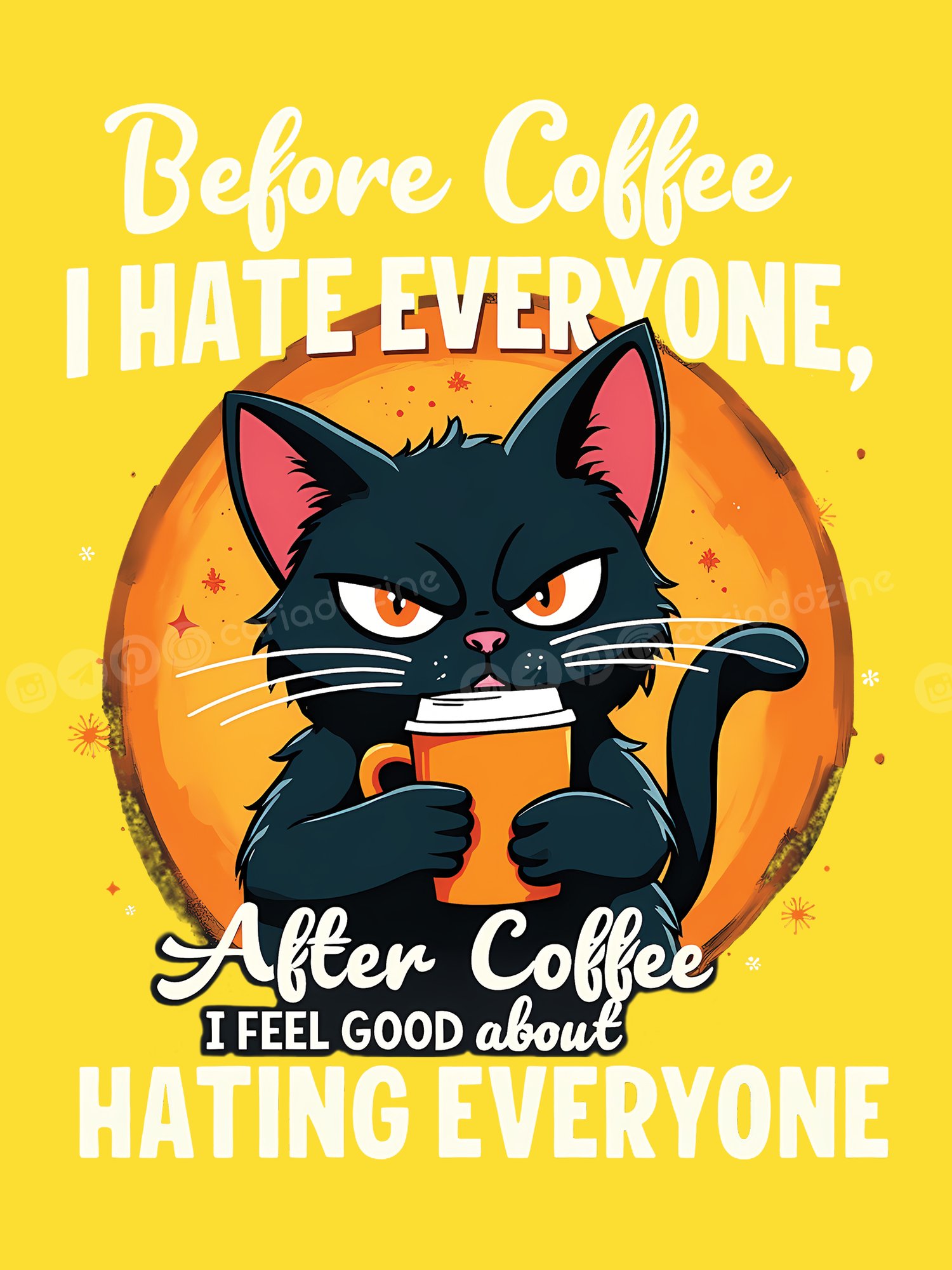 black cat, coffee humor, caffeine designs, sarcastic art, grumpy cat, coffee lovers, Cariad Dzine design