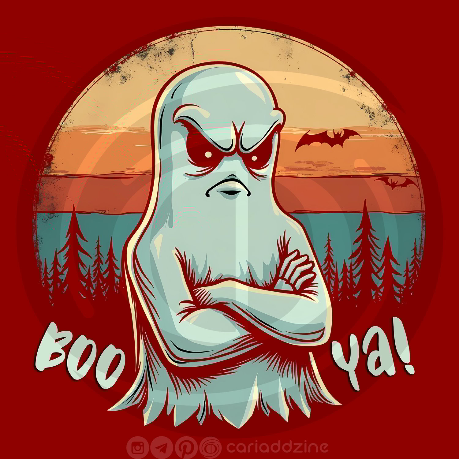 cartoon ghosts, Halloween art, spooky designs, humorous illustrations, ghost graphics, Cariad Dzine design, playful art, sunset backgrounds, whimsical decor, holiday artwork