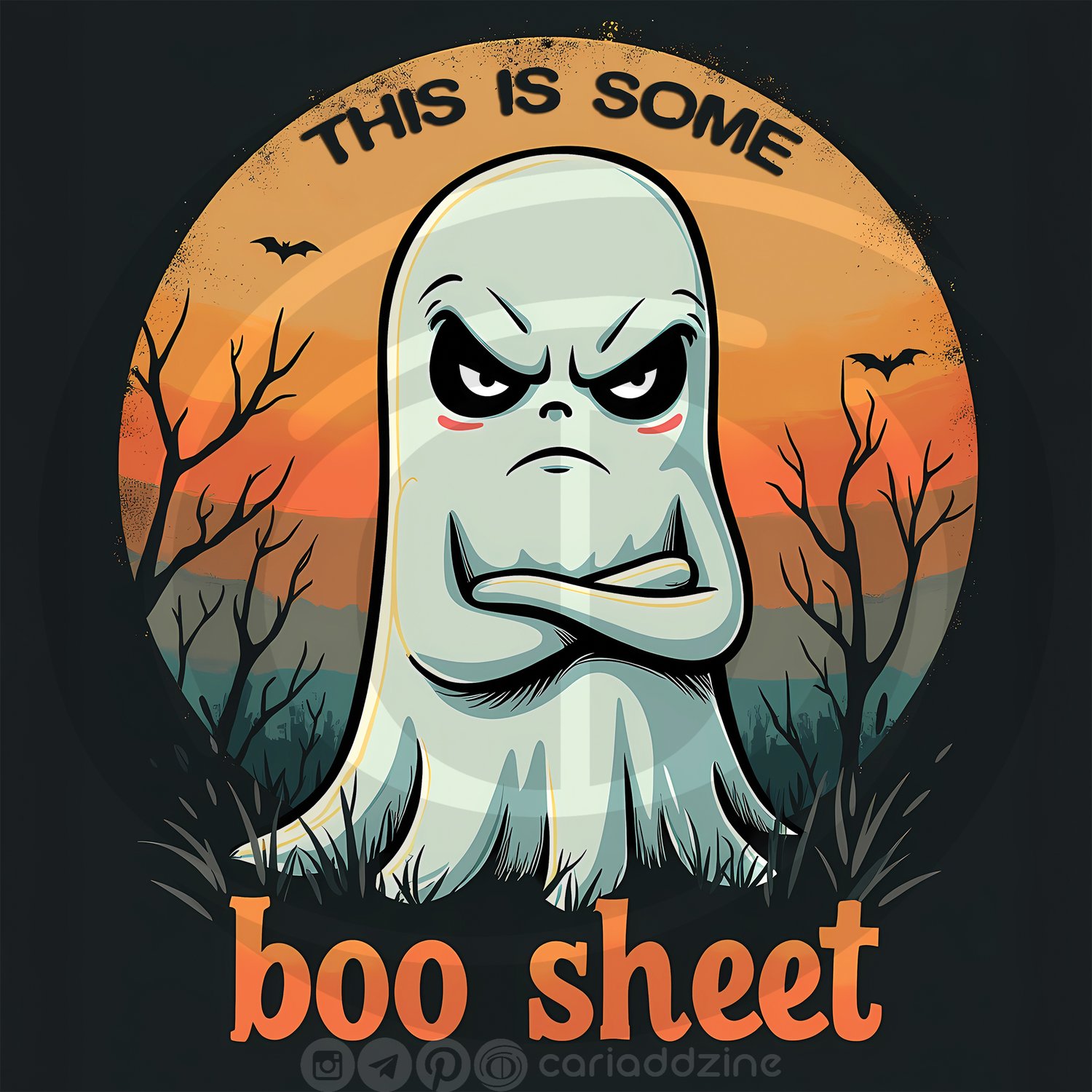 cartoon ghosts, Halloween art, spooky designs, humorous illustrations, ghost graphics, Cariad Dzine design, playful art, sunset backgrounds, whimsical decor, holiday artwork