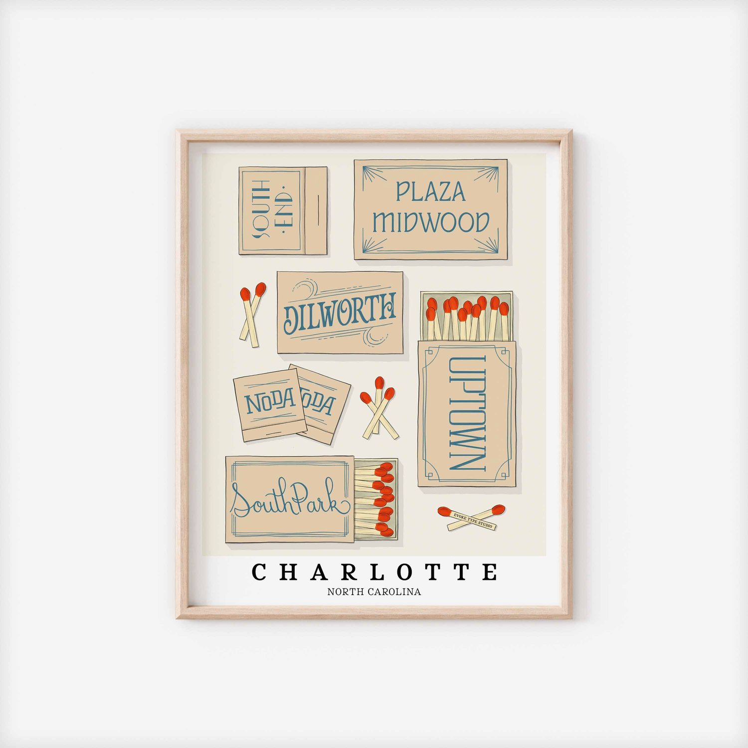 Charlotte Neighborhoods Matchbox Art Print - Sand and Sea