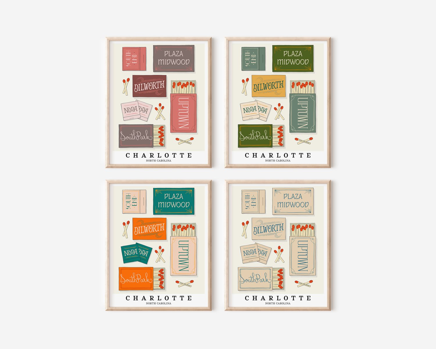 A group of 4 framed pictures that feature neighborhoods in the Charlotte, North Carolina area