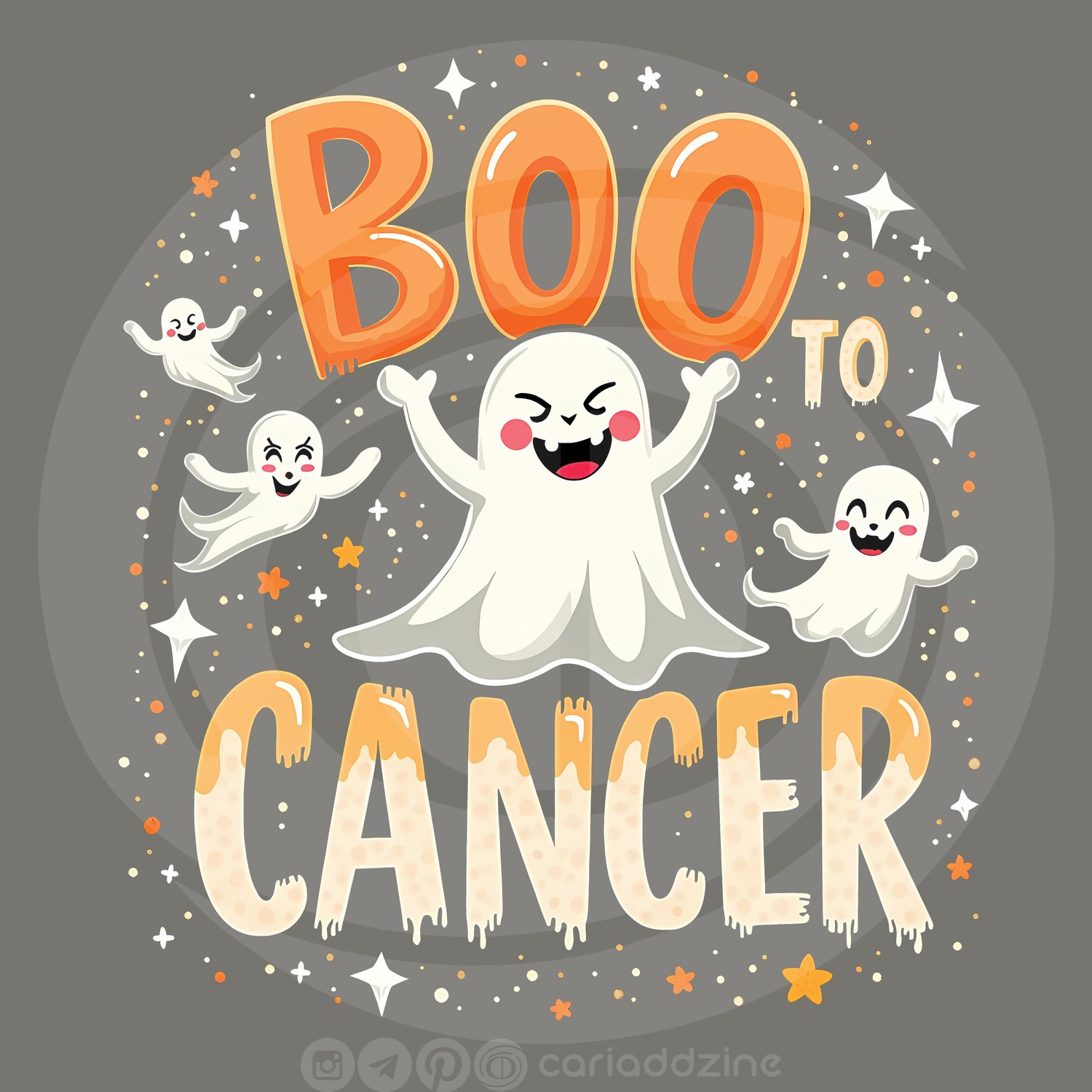 cartoon ghosts, Boo to Cancer, breast cancer awareness, playful art, Halloween designs, Cariad Dzine design, positive messaging, supportive artwork, festive spirit, community support