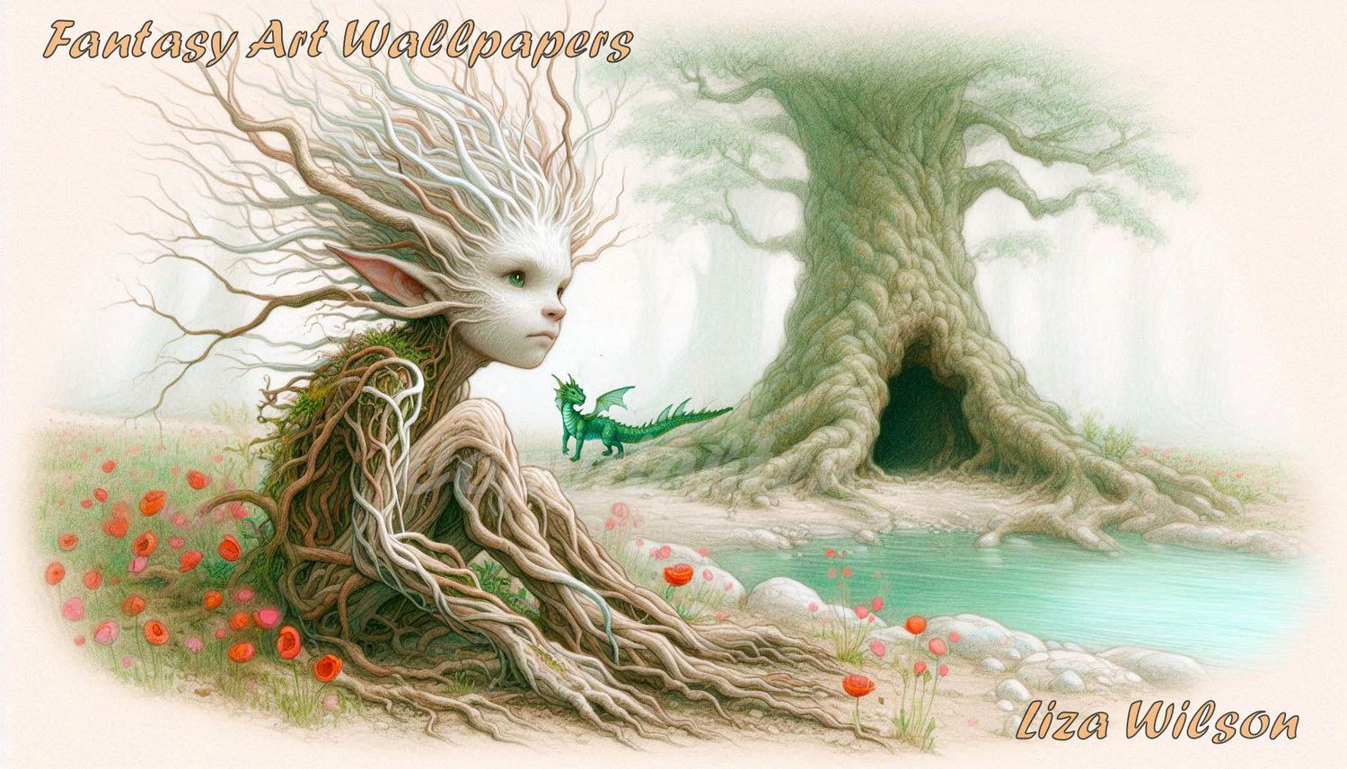 fantasy, tree sprite, boy tree sprite, dragons, trees, ponds, dandelions, mystical, nature, trees, sprites