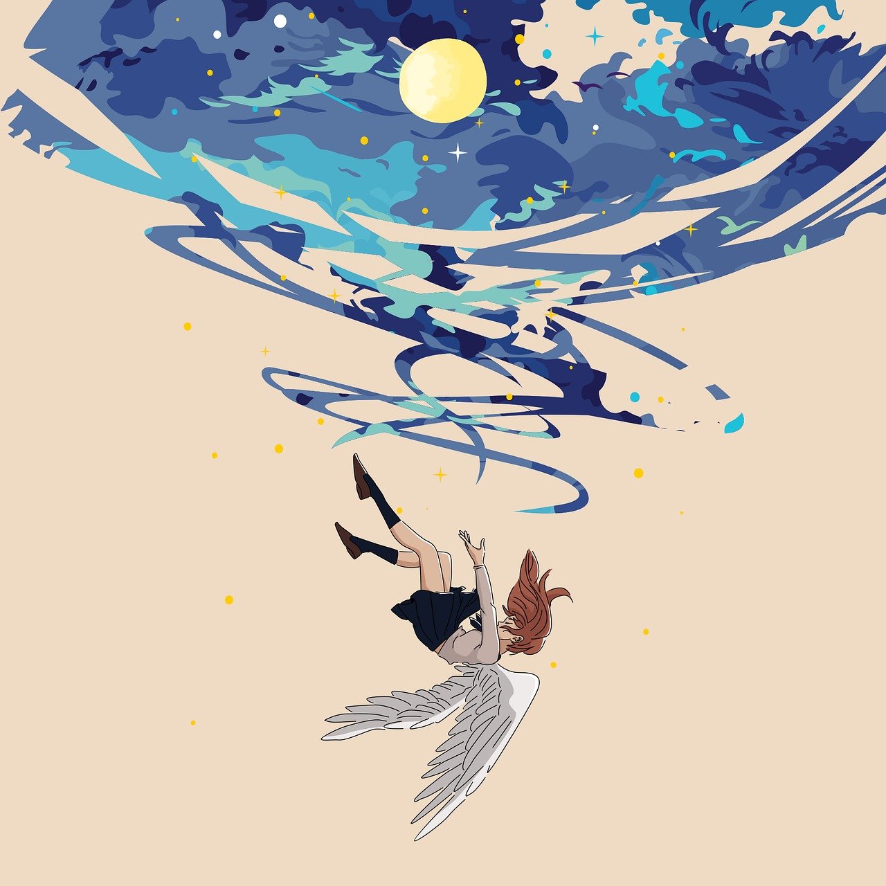 Ilustración niña, ángel y naturaleza-caída