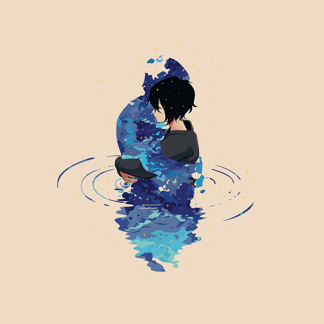 Ilustración niña, abarcar y agua-mitología