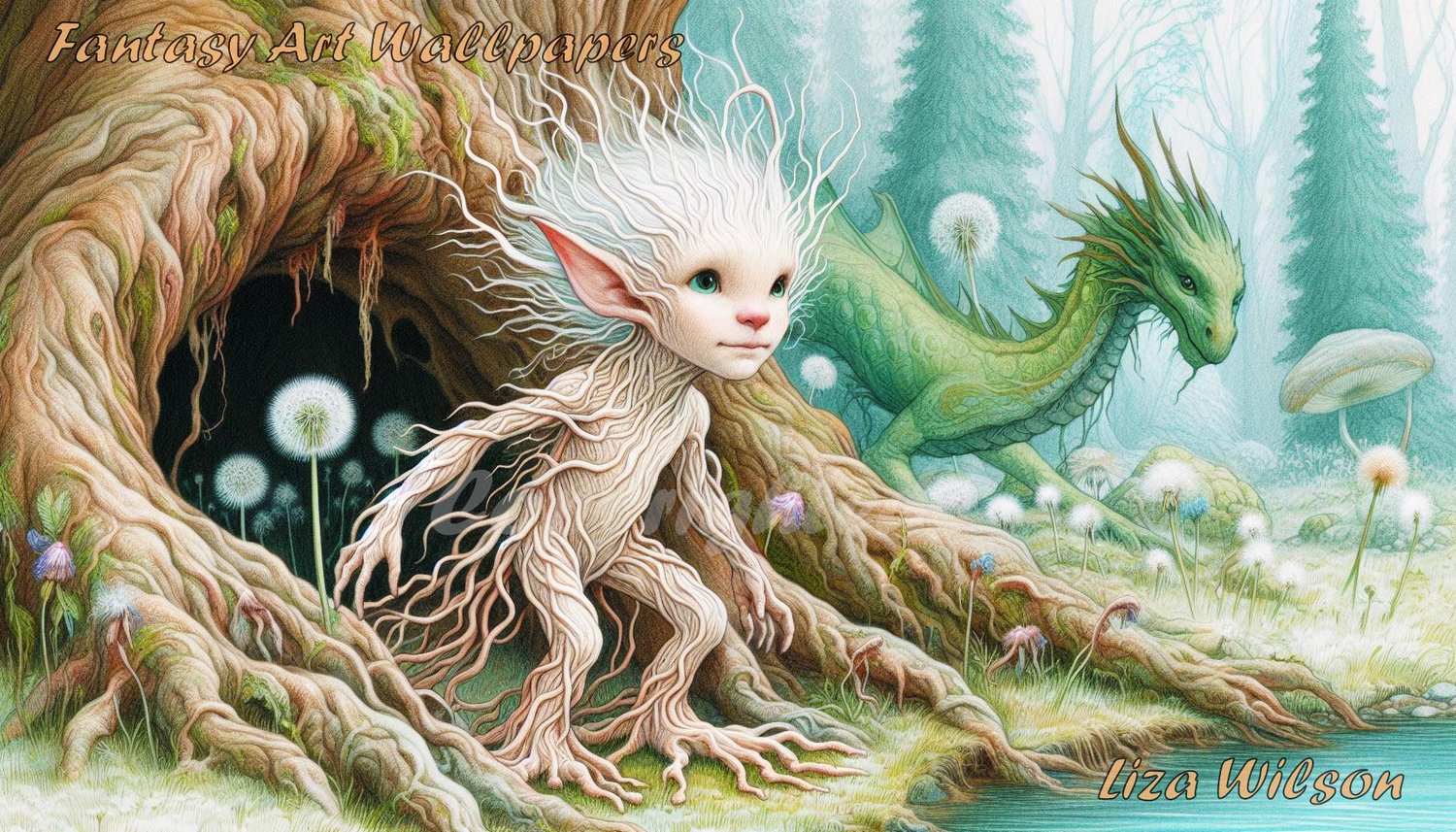 fantasy, tree sprite, boy tree sprite, dragons, trees, ponds, dandelions, mystical, nature, trees, sprites