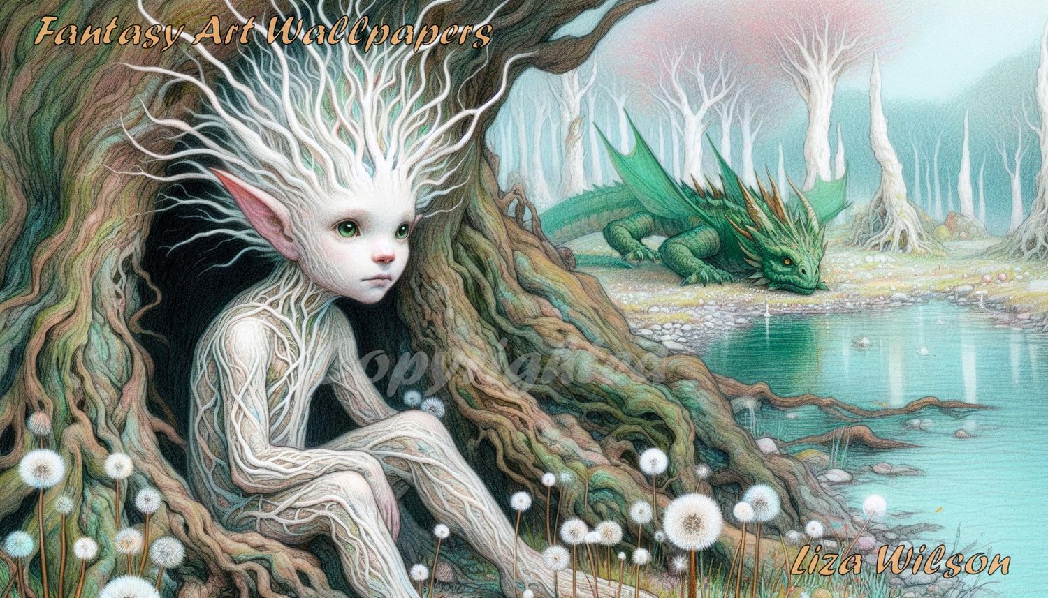 fantasy, tree sprite, boy tree sprite, dragons, trees, ponds, dandelions, mystical, nature, trees, sprites